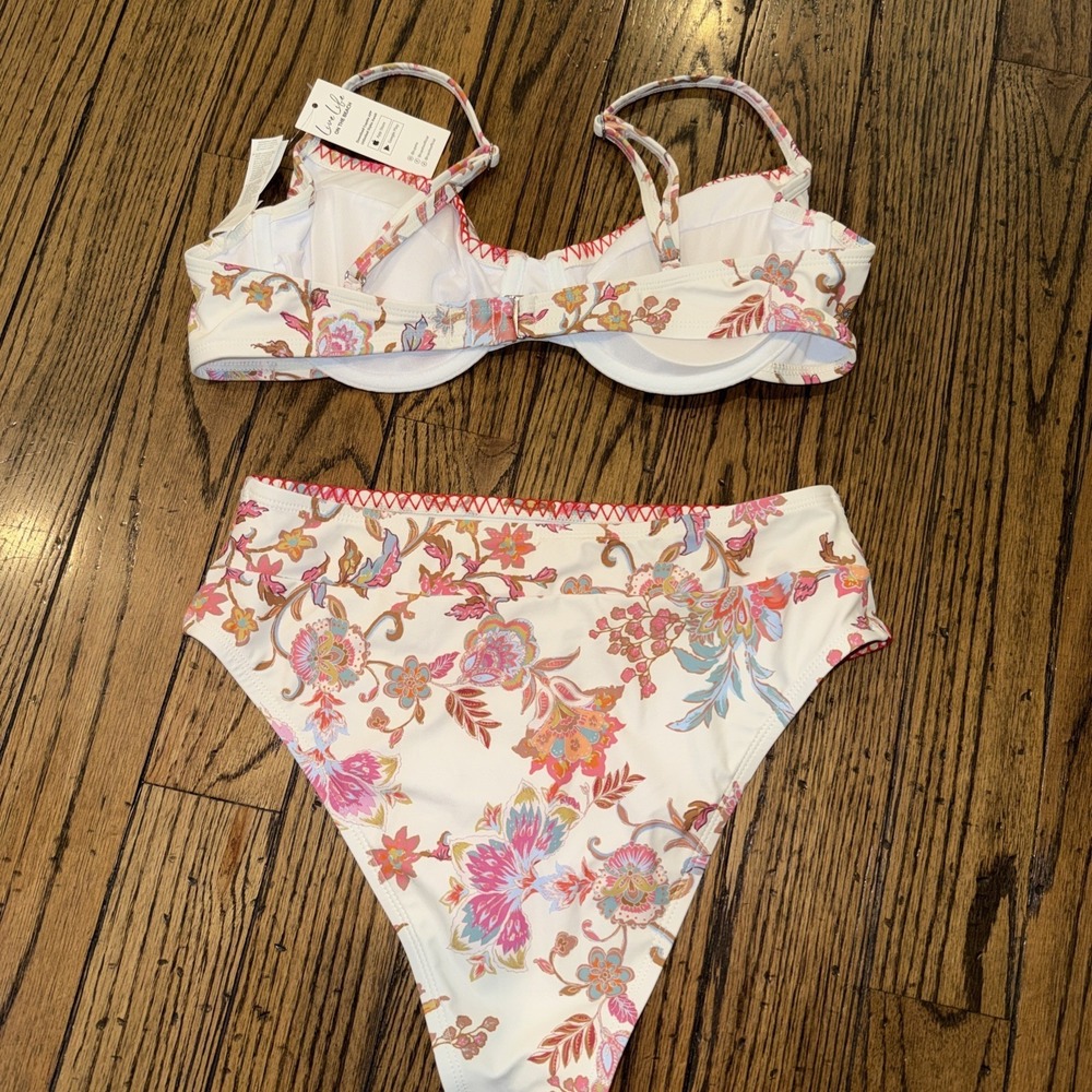 Cupshe Bikini Large Top Small High Waist Bottom NWT White Pink Red Floral - Picture 9 of 9